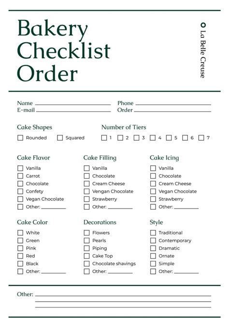 la belle creuse bakery order checklist template