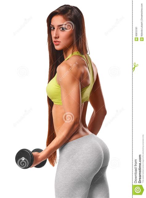 Athletic Woman Working Out With Dumbbells Beautiful In