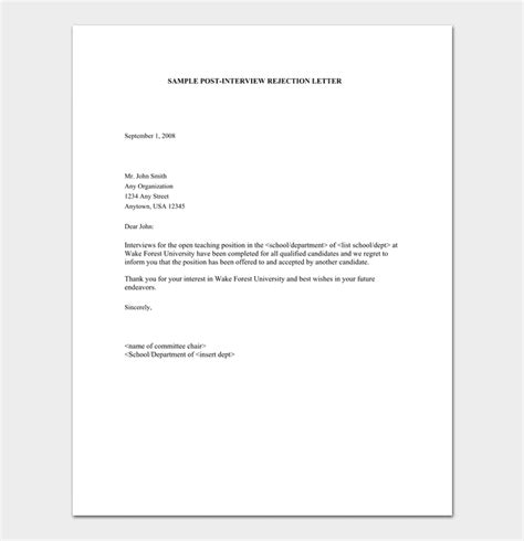 employer rejection letter  interview  letter template