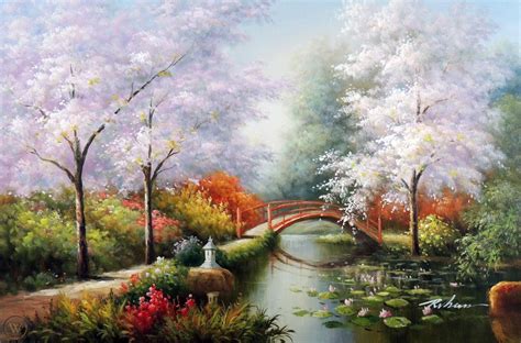 japan cherry blossom trees lily pond bridge stretched 24x36 oil