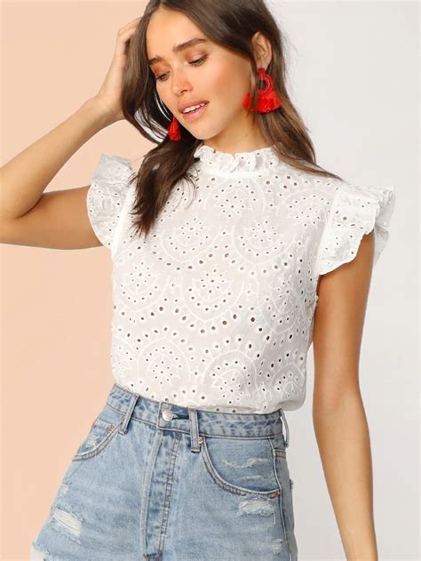 mock neck ruffle trim embroidery eyelet top shein ladies tops blouses clothes  women