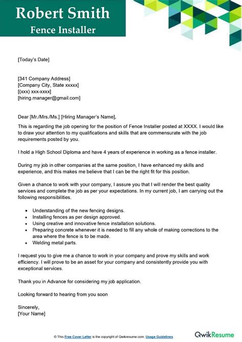 fence installer cover letter examples qwikresume