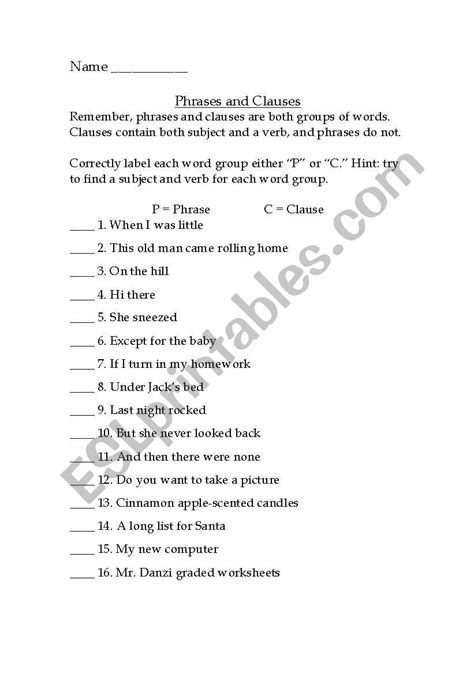 phrase  clause worksheet