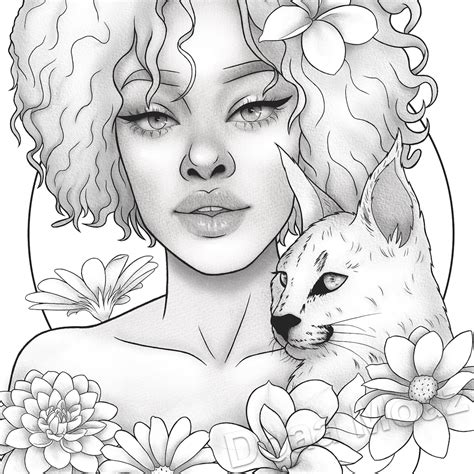 printable coloring page black girl floral animal portrait etsy