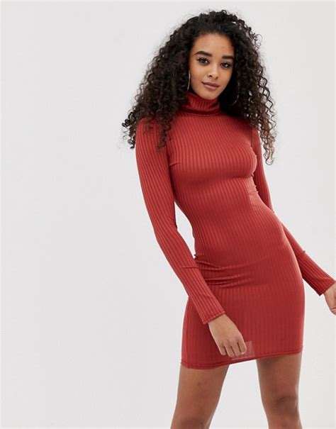 prettylittlething roll neck long sleeve ribbed bodycon mini dress in