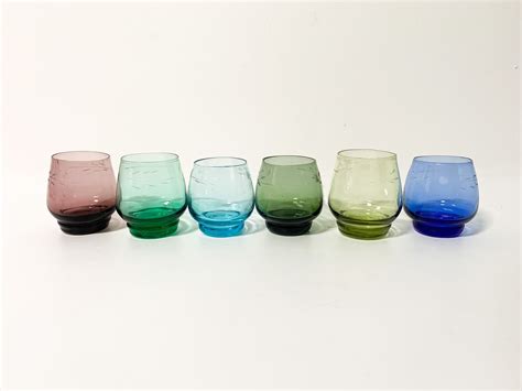 6 Vintage Etched Cordial Multi Colored Glasses Six Etched Hand Blown