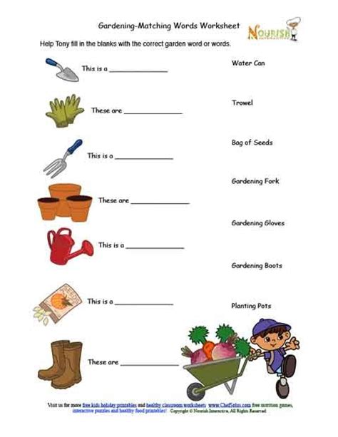kids gardening tools matching activity sheet