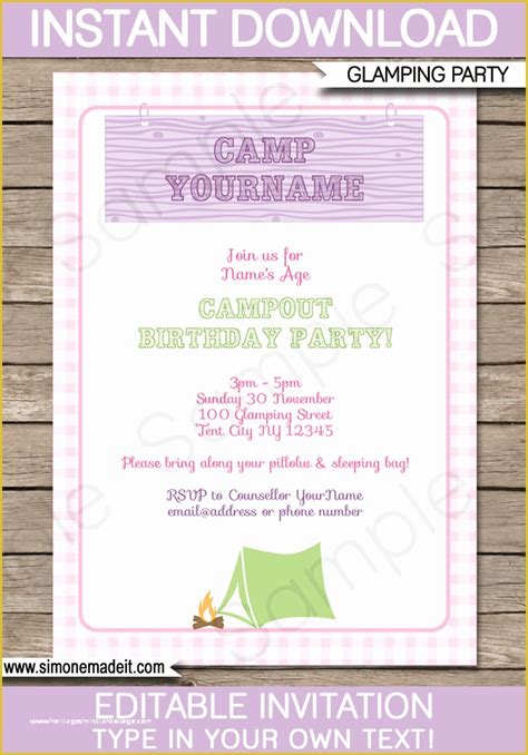 camping invitations templates   glamping birthday party