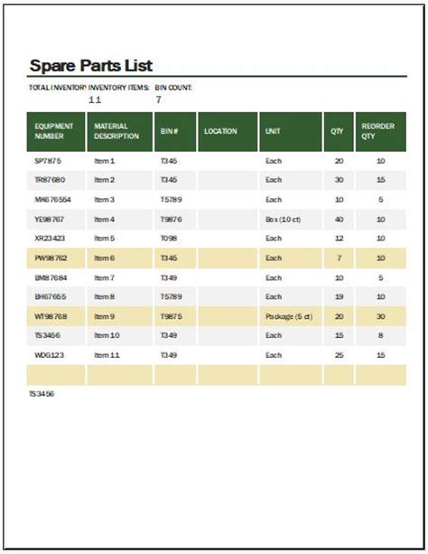 spare parts list template  ms excel word excel templates