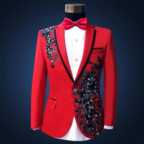 Hot Plus Size Men Suits S 4xl Fashion Red Sequins Embroidered Male