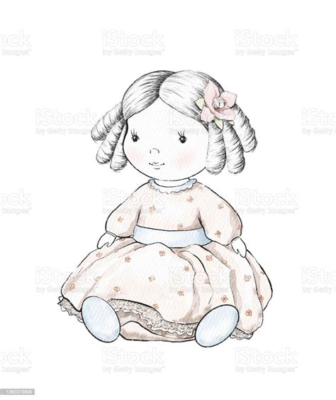 watercolor sketch with vintage cartoon doll in pink dress stock