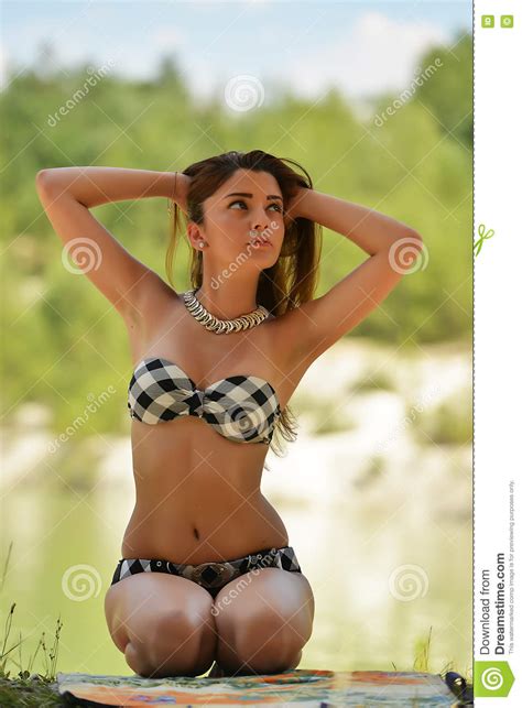 Happy Woman In Bikini Posing On Beach Stock Image Image