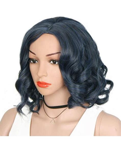 dark blue short wavy costume wig elegant party wig  women  remy human hair