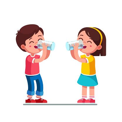 smiling standing preschool boy  girl kids enjoying drinking water holding glasses children
