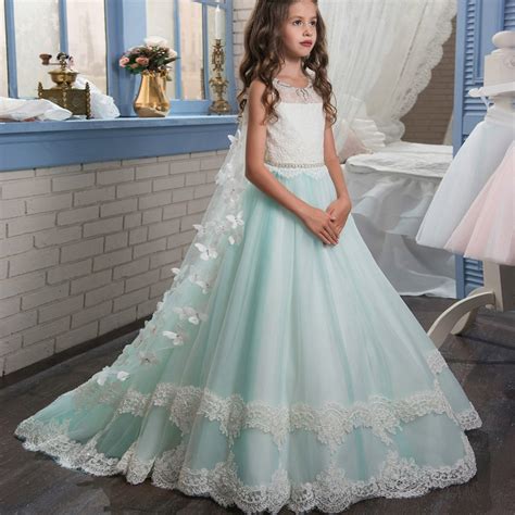 girls princess dress fairy diamond lace bow flower ball gown wedding