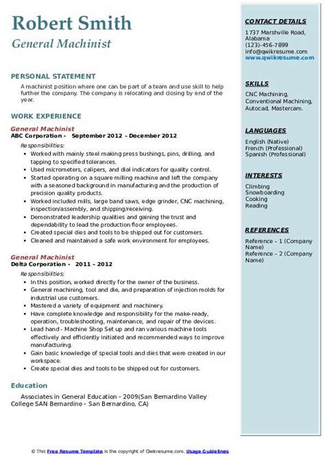 machinist resume sample