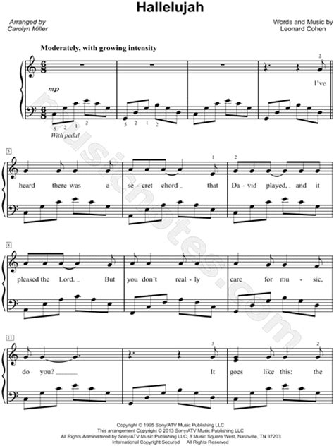 leonard cohen hallelujah sheet music easy piano in c major
