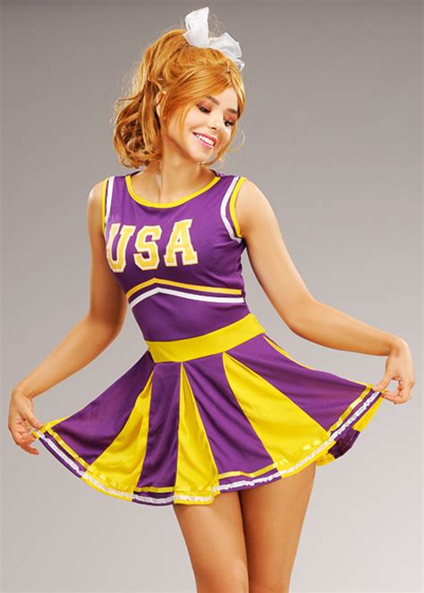 Womens Purple And Yellow Usa Cheerleader Costume