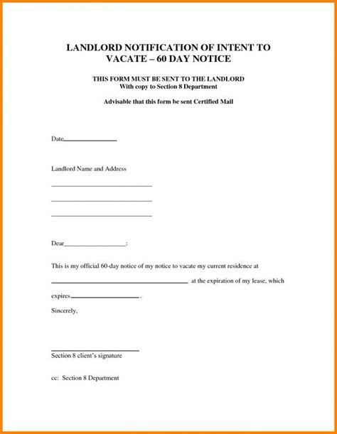 notice  vacate letter  landlord  tenant template business