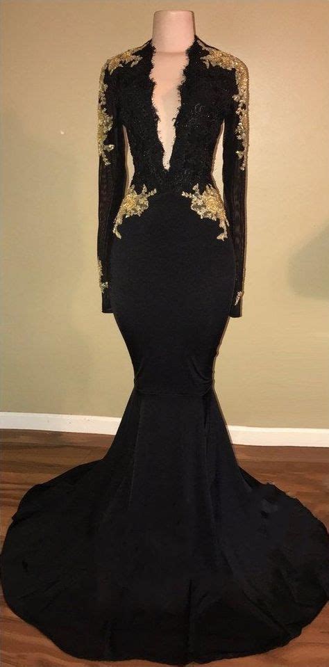 Sexy Black Mermaid Prom Dresses Long Sleeves V Neck