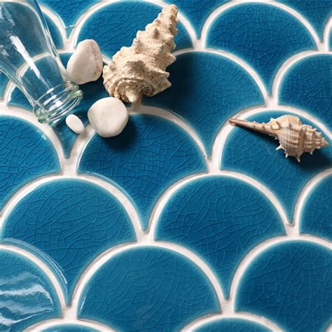 blue crackle fan shaped wall tiles ceramic mosaic tile backsplash