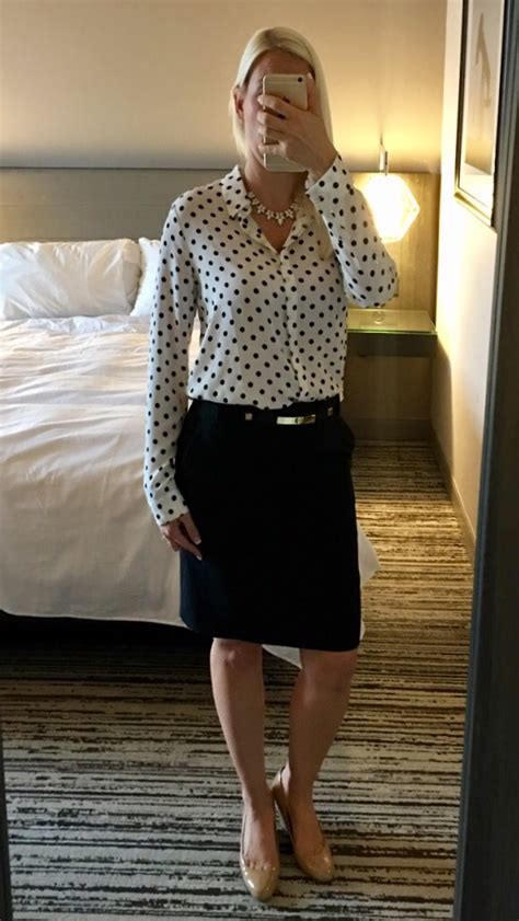 outfit post polka dot blouse black pencil skirt nude wedges