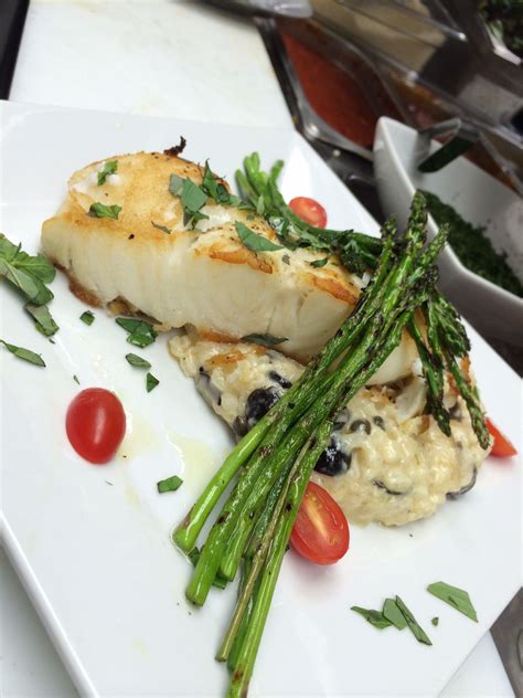 Pan Roasted Chilleam Sea Bass Grilled Asparagus Black Olive Caper
