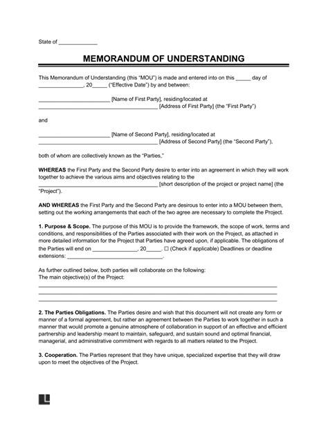 memorandum  understanding mou template legal templates