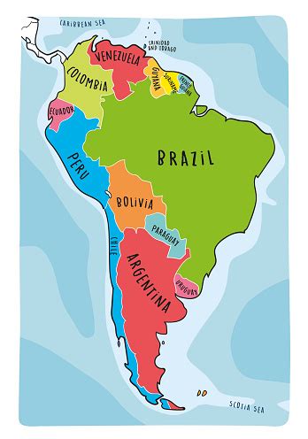 hand drawn vector map  south america text   colors