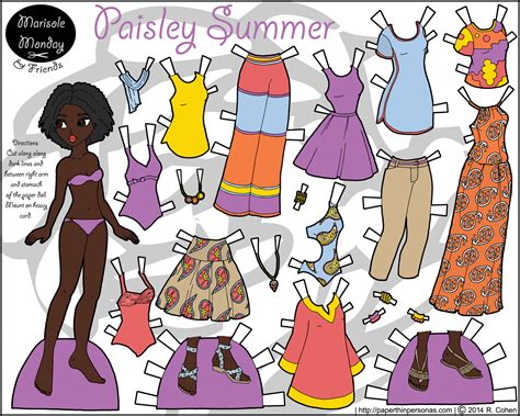 paisely summer printable black paper doll paper thin personas