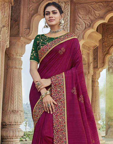rani pink embroidered silk blend saree with blouse desibutik 3360811