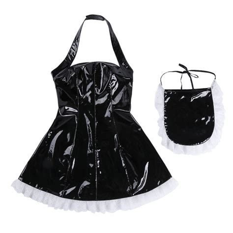 sissy dress sexy french maid uniform cosplay costume wet look