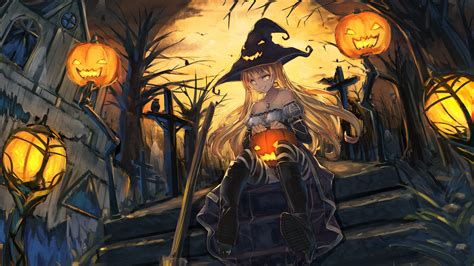 wallpaper witch art anime girl halloween dual