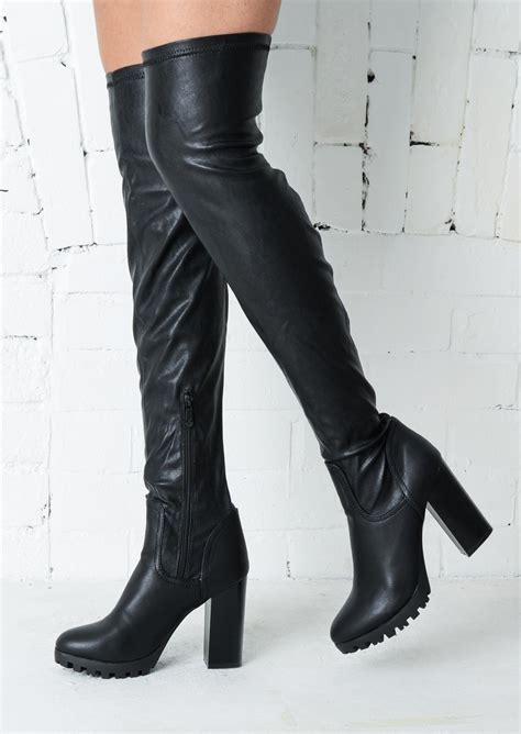 Over The Knee Thigh High Cleated Sole Faux Leather Boots Black