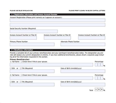 beneficiary form template printable templates