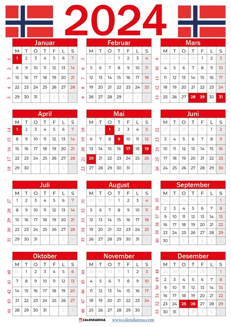 norsk kalender  med helligdager