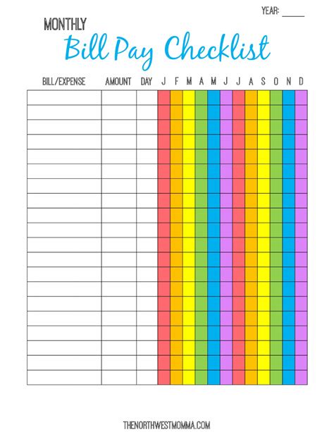 multicolor monthly bill payment checklist template  printable