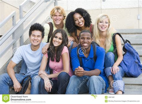 group  university students sitting  steps stock photography image