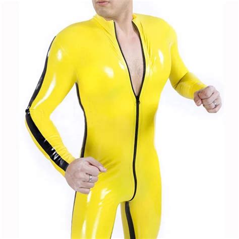 0 6mm thickness yellow rubber latex men s catsuit with side line front