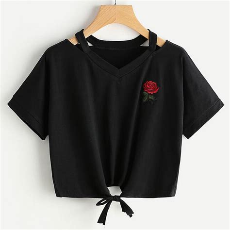 summer kawaii cute t shirt embroidery rose print aliens t shirts women