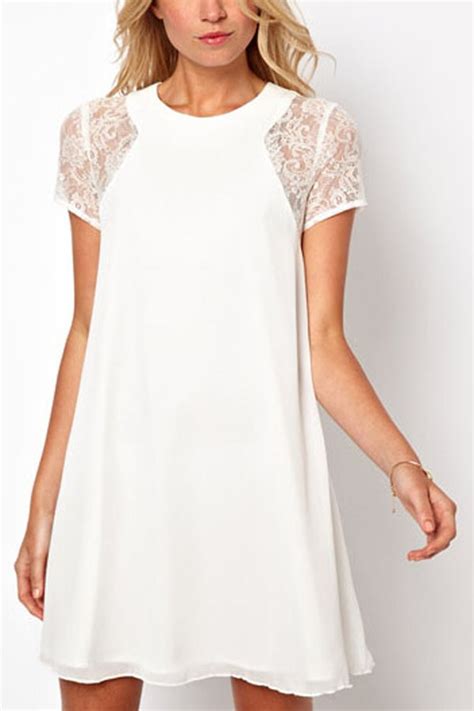 White Lace Short Sleeve Slit Back Chiffon Dress Casual