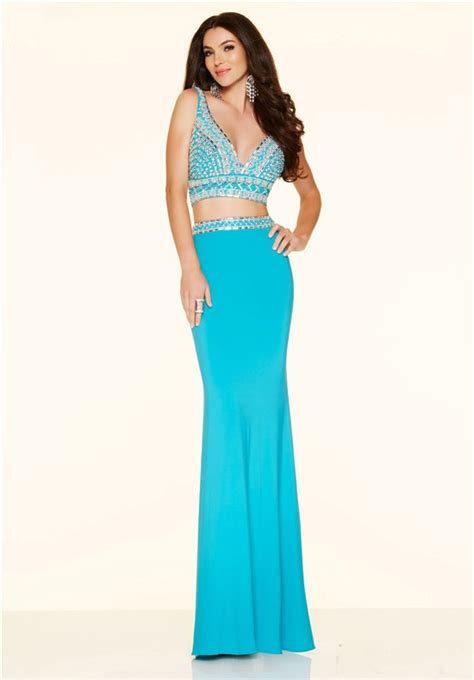 sexy mermaid deep v neck two piece long blue jersey beaded prom dress