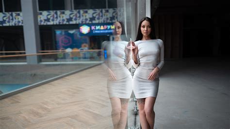 Wallpaper Women Portrait Dress Glass Reflection Nipples Through