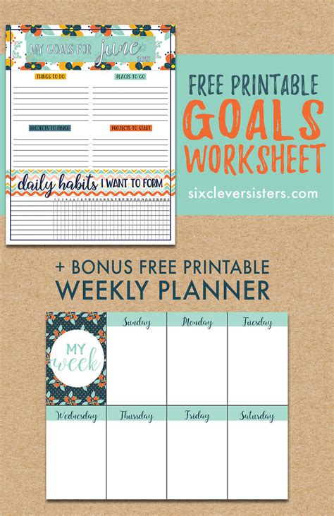 goals worksheet printable june   clever sisters