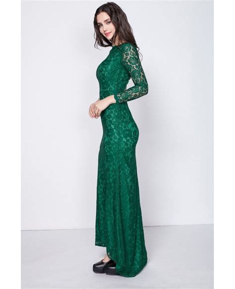 gorgeous dark green long sleeved full lace mermaid evening dresses with