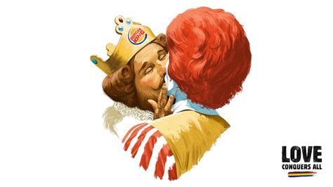 ronald mcdonald  burger king mascot share kiss  love conquers  ad
