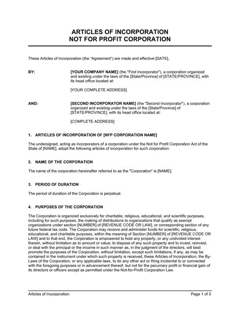 articles  incorporation   profit organization template