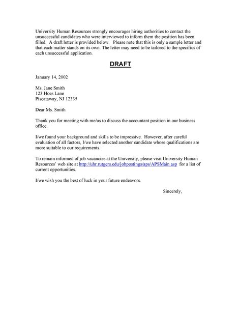 unsuccessful applicants sample rejection letter  job