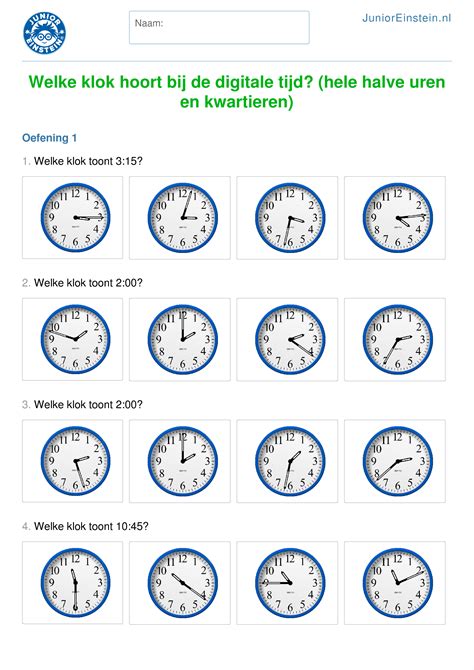 werkblad welke klok hoort bij de digitale tijd hele halve uren en kwartieren
