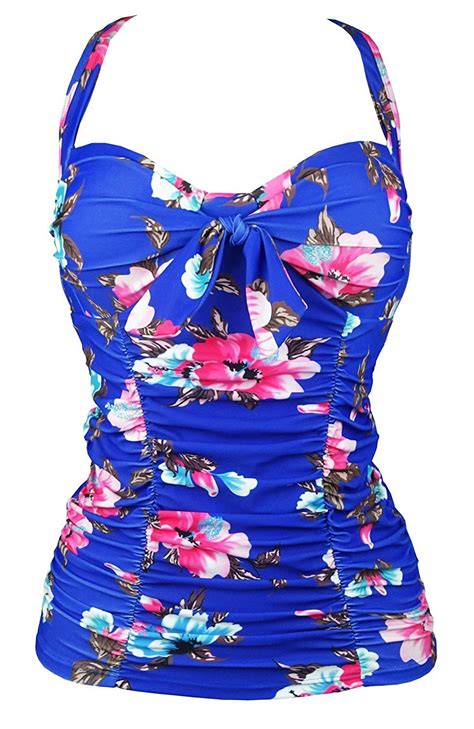 cocoship vintage inspired ruched bow floral swim top halter tankinis